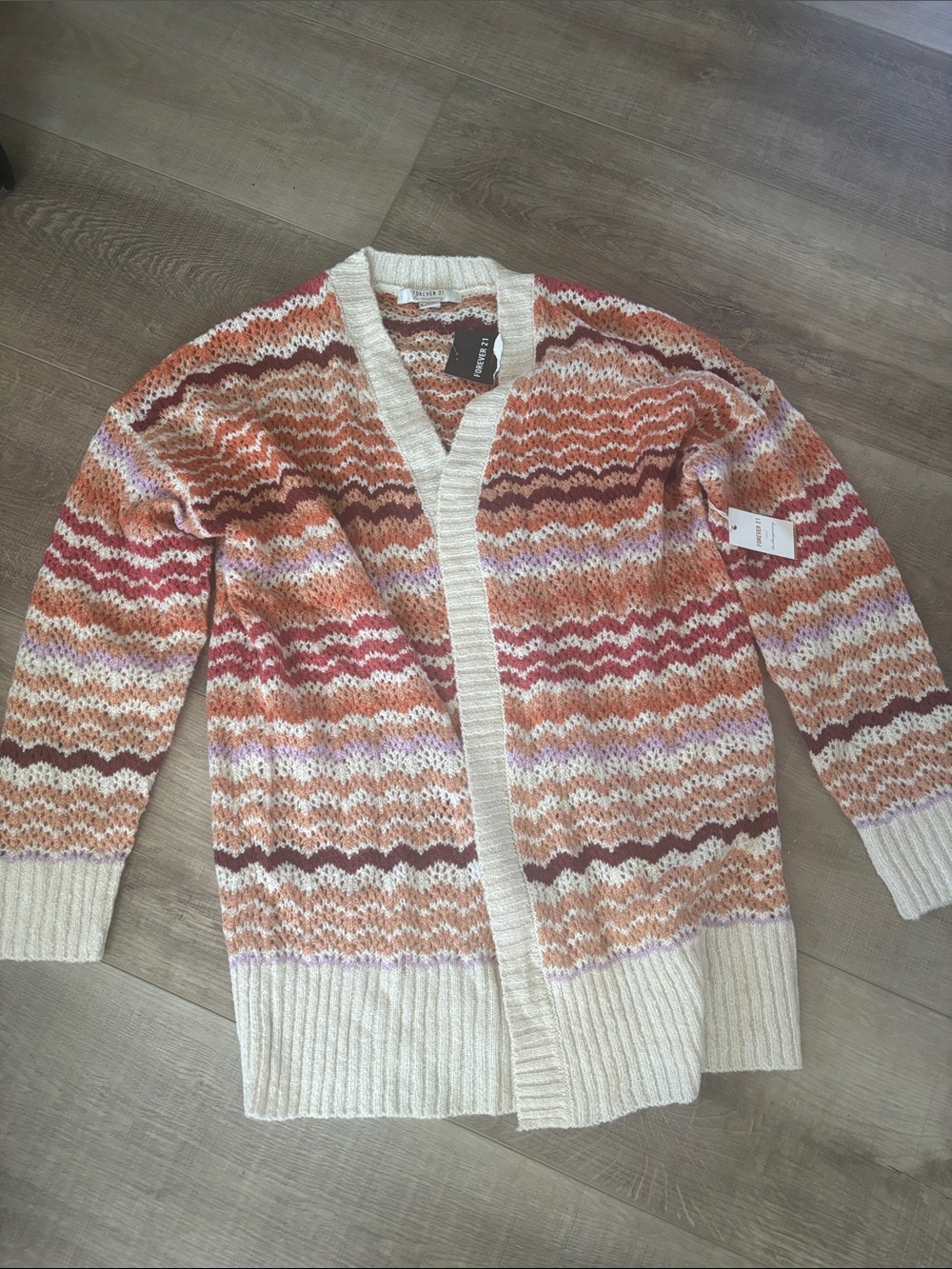 Forever 21 Cream, Orange, Pink & Brown Knit Open Cardigan